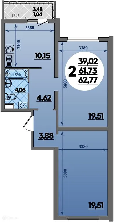 Планировка 2-комнатной квартиры 62.77 м² в ЖК Предгорье Лаго-Наки, г. Майкоп — фото 1