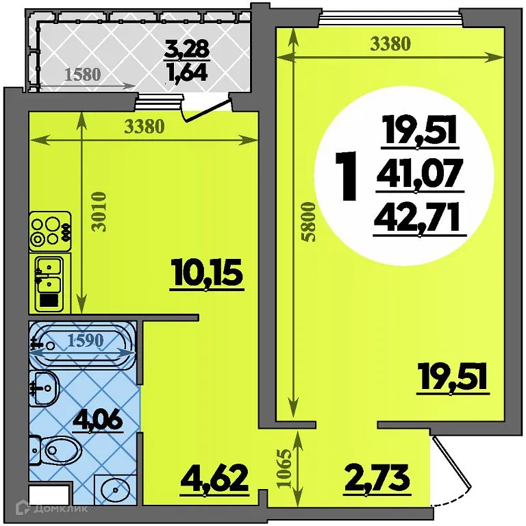 Планировка 1-комнатной квартиры 42.71 м² в ЖК Предгорье Лаго-Наки, г. Майкоп — фото 1
