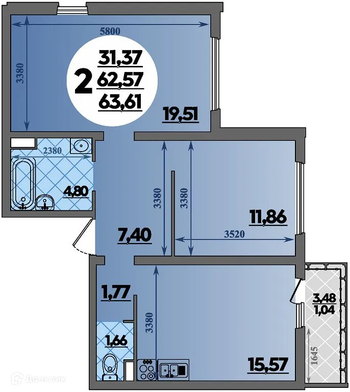 Планировка 2-комнатной квартиры 63.61 м² в ЖК Предгорье Лаго-Наки, г. Майкоп — фото 1