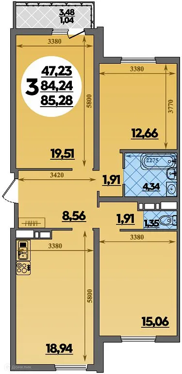 Планировка 3-комнатной квартиры 85.28 м² в ЖК Предгорье Лаго-Наки, г. Майкоп — фото 1