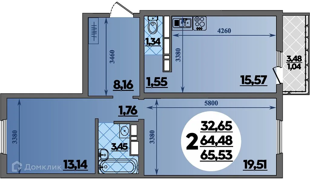Планировка 2-комнатной квартиры 65.53 м² в ЖК Предгорье Лаго-Наки, г. Майкоп — фото 1