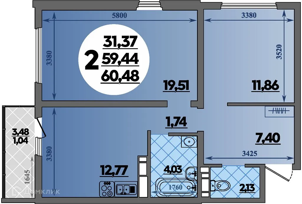 Планировка 2-комнатной квартиры 60.48 м² в ЖК Предгорье Лаго-Наки, г. Майкоп — фото 1