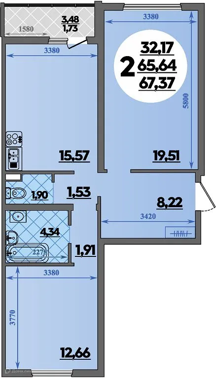 Планировка 2-комнатной квартиры 67.37 м² в ЖК Предгорье Лаго-Наки, г. Майкоп — фото 1