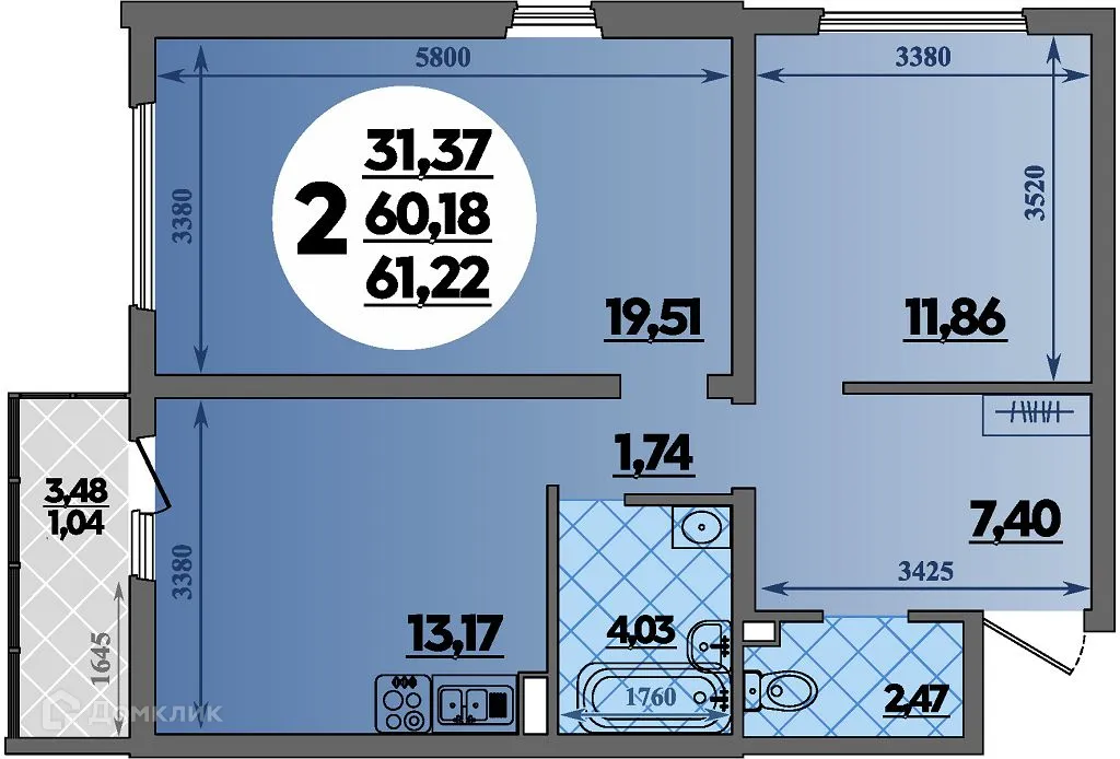 Планировка 2-комнатной квартиры 61.22 м² в ЖК Предгорье Лаго-Наки, г. Майкоп — фото 1