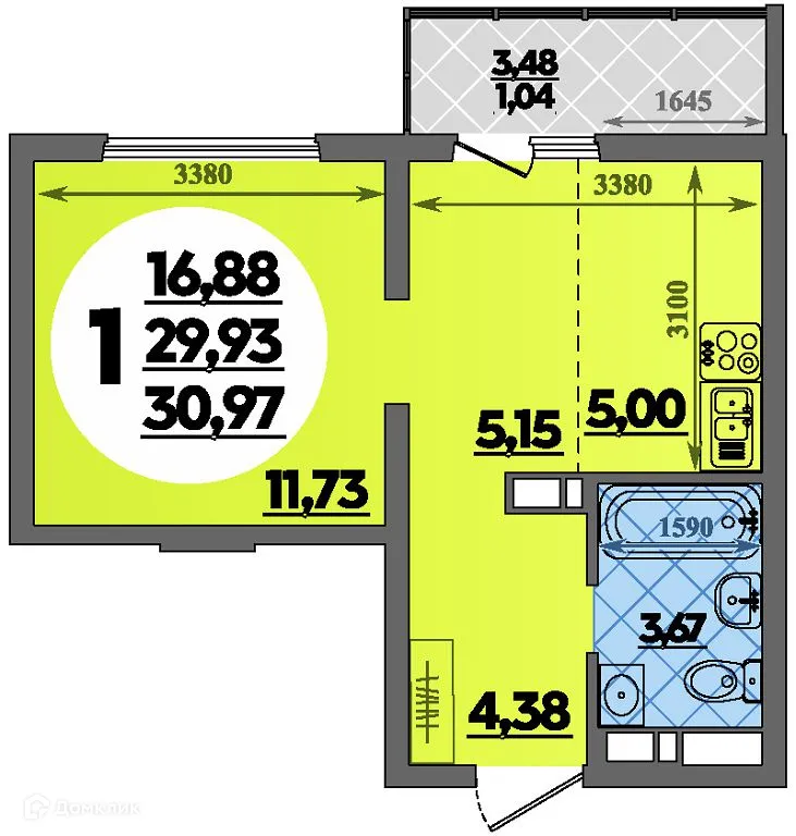 Планировка студии квартиры 30.97 м² в ЖК Предгорье Лаго-Наки, г. Майкоп — фото 1