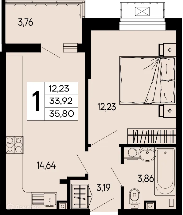 Планировка 1-комнатной квартиры 35.8 м² в "Эпос", г. Майкоп — фото 1