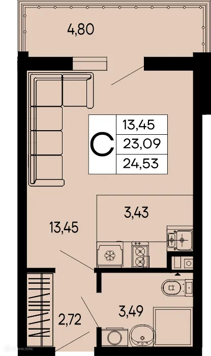 Планировка студии квартиры 24.53 м² в "Эпос", г. Майкоп — фото 1