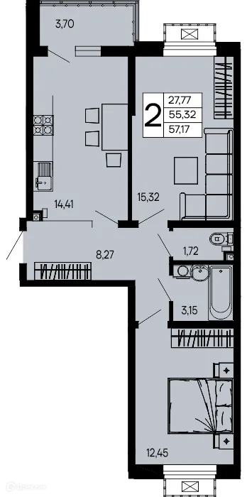 Планировка 2-комнатной квартиры 57.17 м² в "Эпос", г. Майкоп — фото 1
