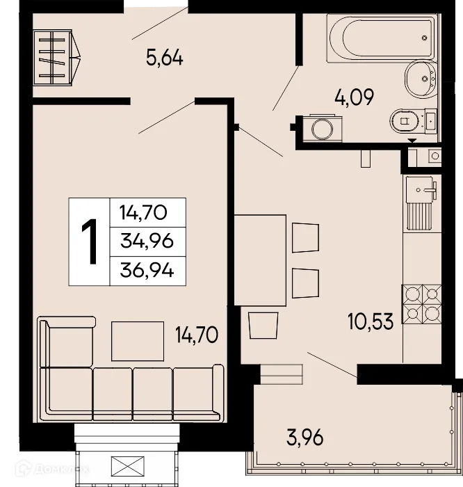 Планировка 1-комнатной квартиры 36.94 м² в "Эпос", г. Майкоп — фото 1