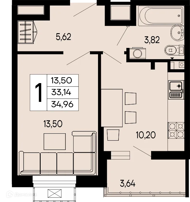Планировка 1-комнатной квартиры 34.96 м² в "Эпос", г. Майкоп — фото 1
