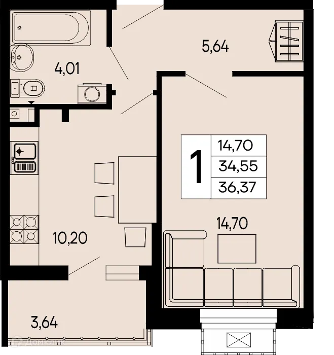 Планировка 1-комнатной квартиры 36.37 м² в "Эпос", г. Майкоп — фото 1