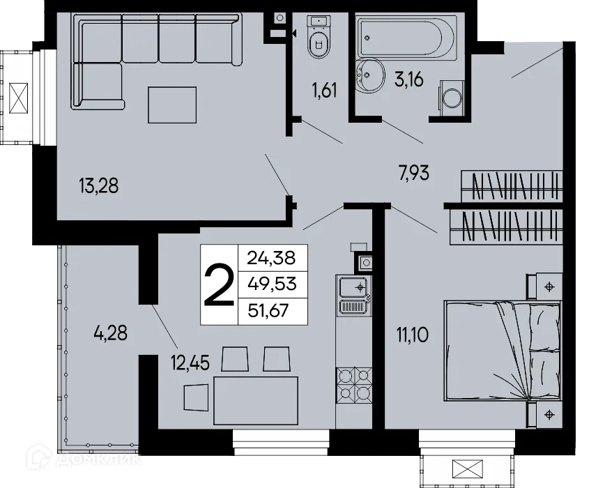Планировка 2-комнатной квартиры 51.67 м² в "Эпос", г. Майкоп — фото 1
