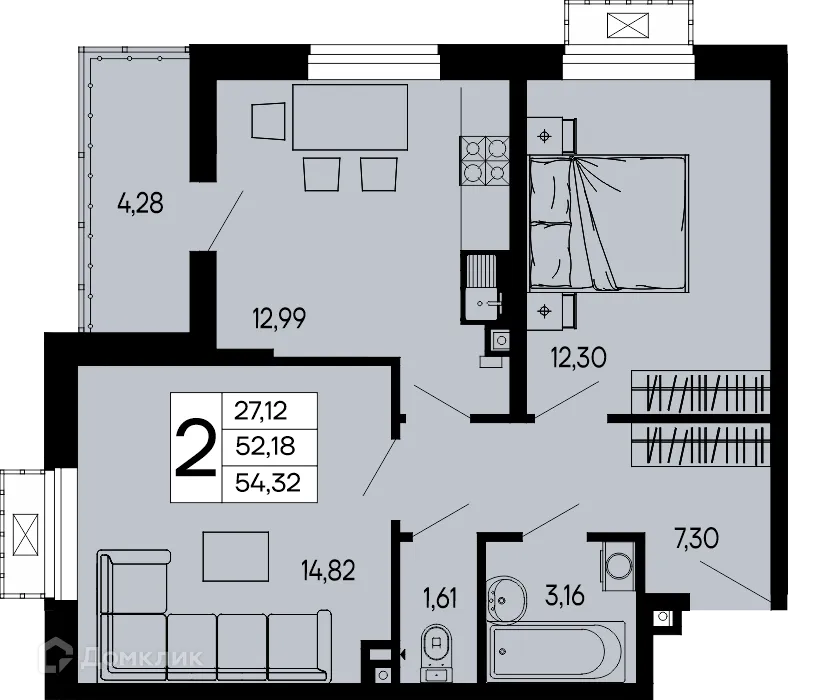 Планировка 2-комнатной квартиры 54.32 м² в "Эпос", г. Майкоп — фото 1