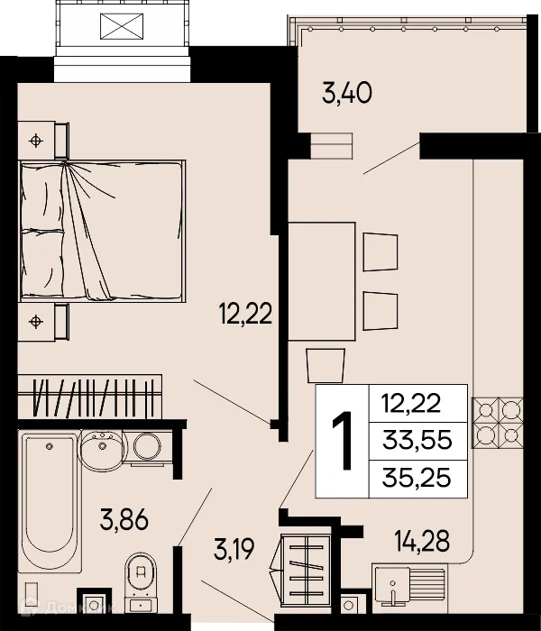 Планировка 1-комнатной квартиры 35.25 м² в "Эпос", г. Майкоп — фото 1