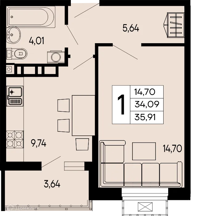 Планировка 1-комнатной квартиры 35.91 м² в "Эпос", г. Майкоп — фото 1