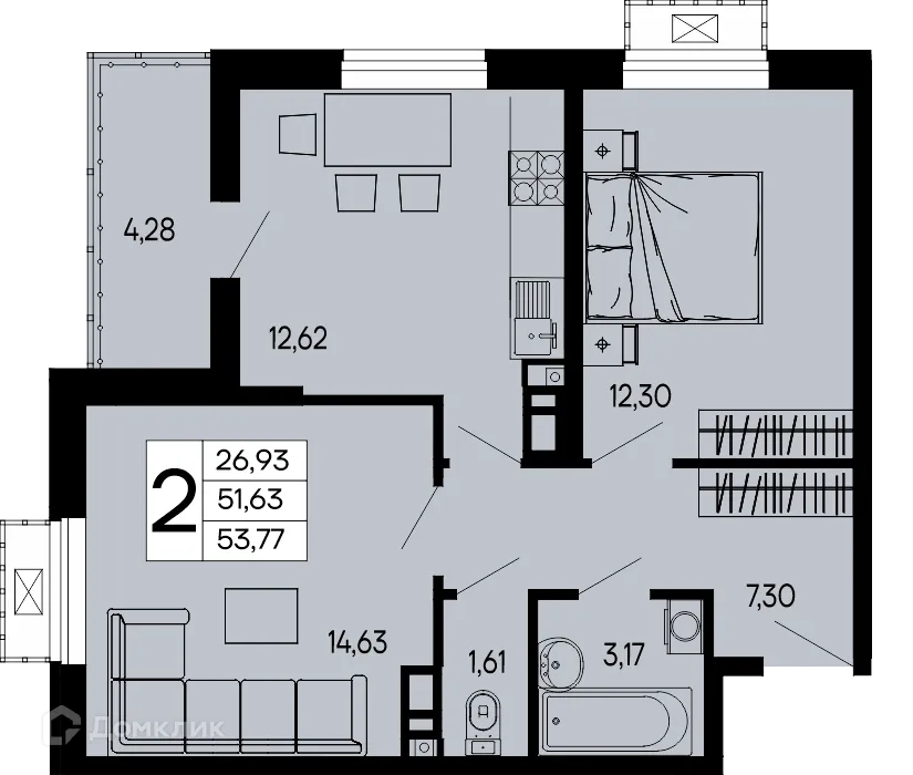 Планировка 2-комнатной квартиры 53.77 м² в "Эпос", г. Майкоп — фото 1