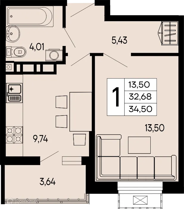 Планировка 1-комнатной квартиры 34.5 м² в "Эпос", г. Майкоп — фото 1
