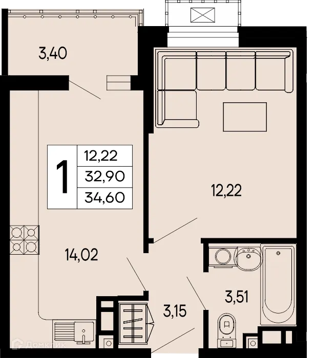 Планировка 1-комнатной квартиры 34.6 м² в "Эпос", г. Майкоп — фото 1
