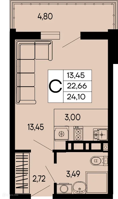 Планировка студии квартиры 24.1 м² в "Эпос", г. Майкоп — фото 1