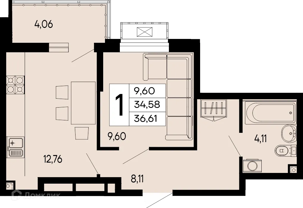 Планировка 1-комнатной квартиры 36.61 м² в "Эпос", г. Майкоп — фото 1