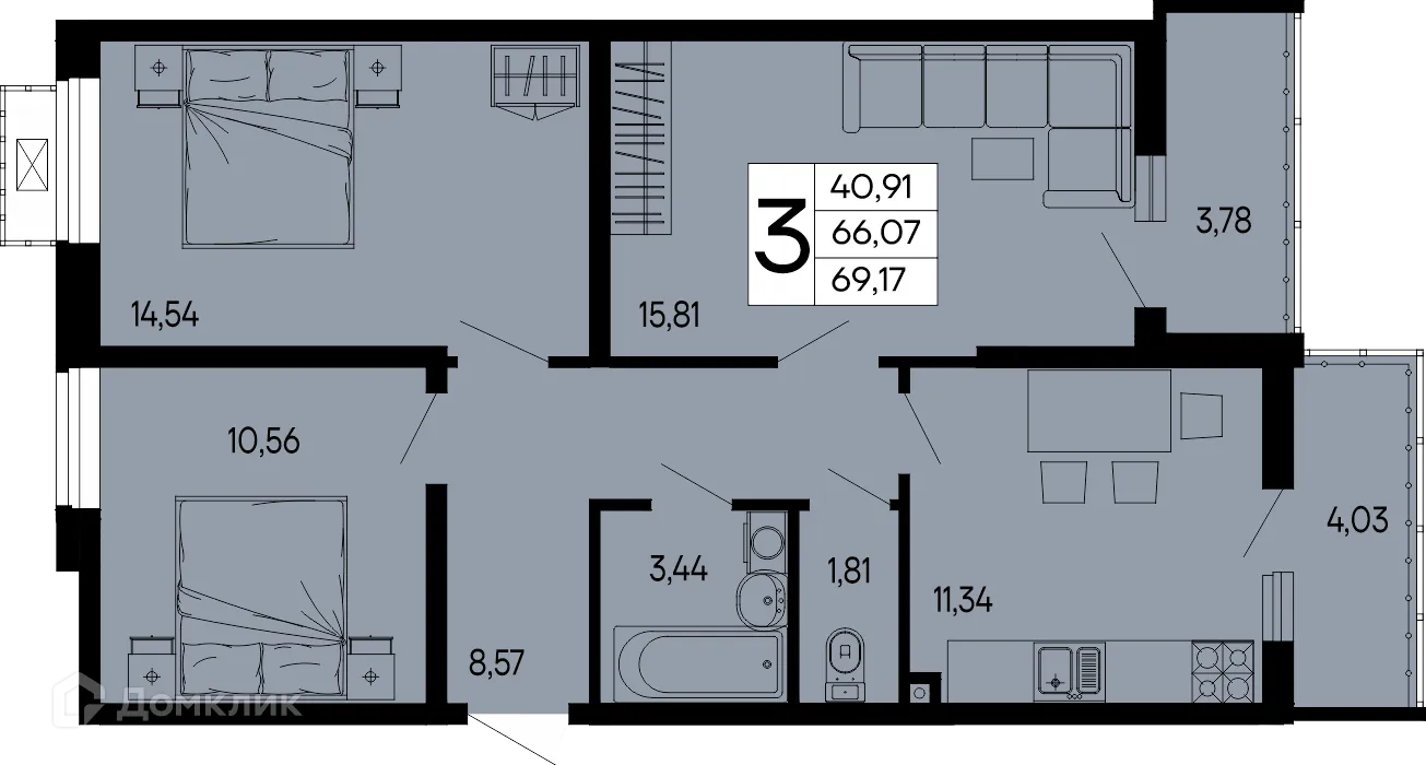 Планировка 3-комнатной квартиры 69.17 м² в "Эпос", г. Майкоп — фото 1