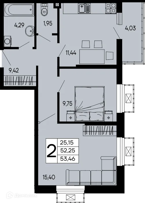 Планировка 2-комнатной квартиры 53.46 м² в "Эпос", г. Майкоп — фото 1