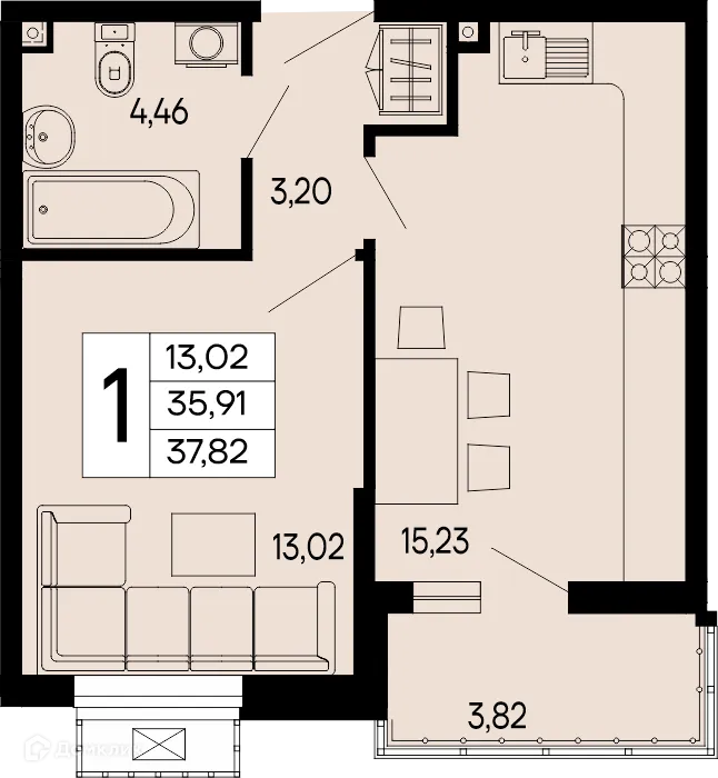 Планировка 1-комнатной квартиры 37.82 м² в "Эпос", г. Майкоп — фото 1