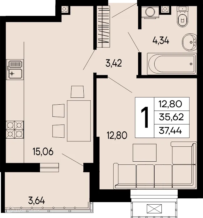 Планировка 1-комнатной квартиры 37.44 м² в "Эпос", г. Майкоп — фото 1