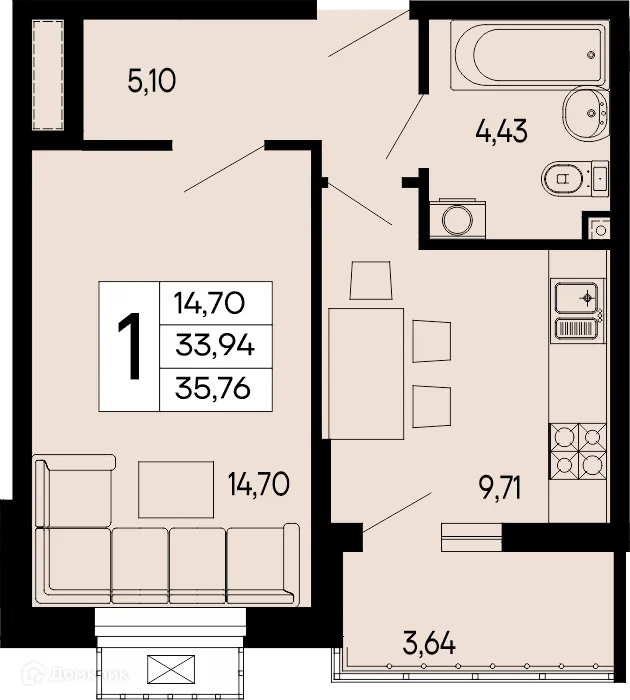 Планировка 1-комнатной квартиры 35.76 м² в "Эпос", г. Майкоп — фото 1