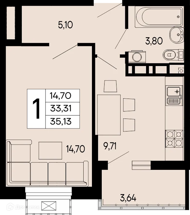 Планировка 1-комнатной квартиры 35.13 м² в "Эпос", г. Майкоп — фото 1
