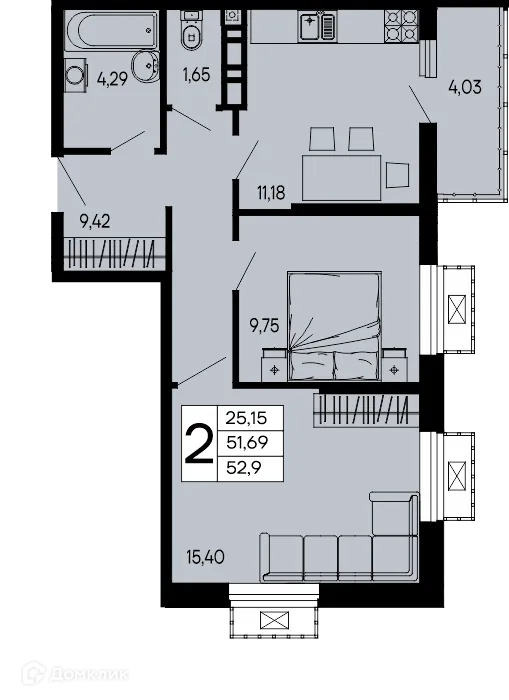 Планировка 2-комнатной квартиры 52.9 м² в "Эпос", г. Майкоп — фото 1