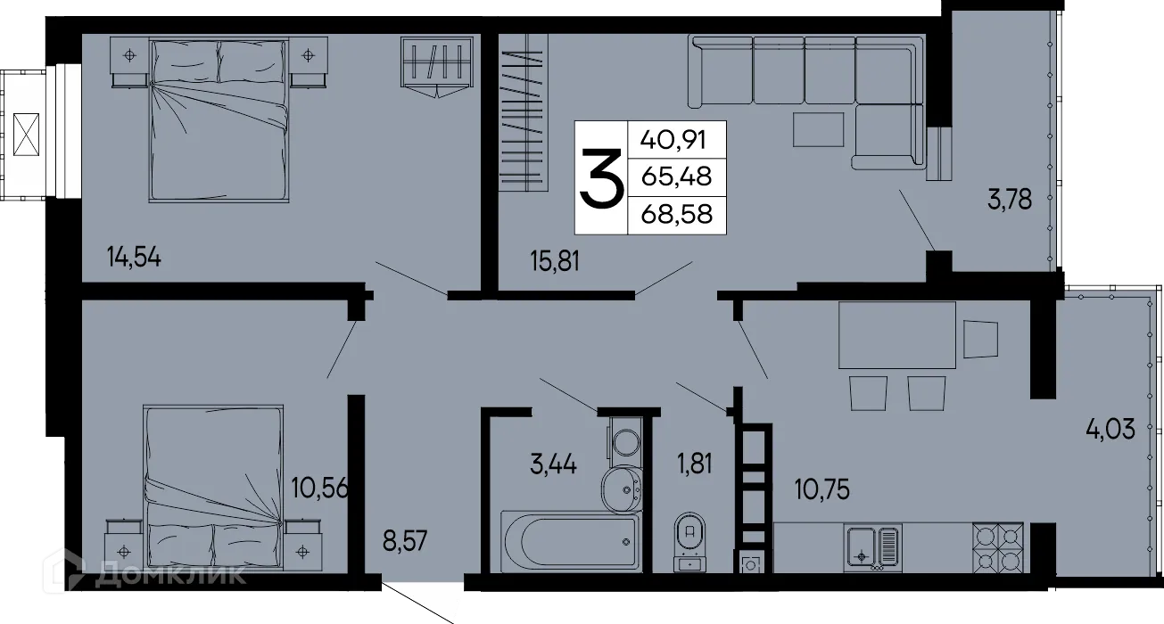Планировка 3-комнатной квартиры 68.58 м² в "Эпос", г. Майкоп — фото 1