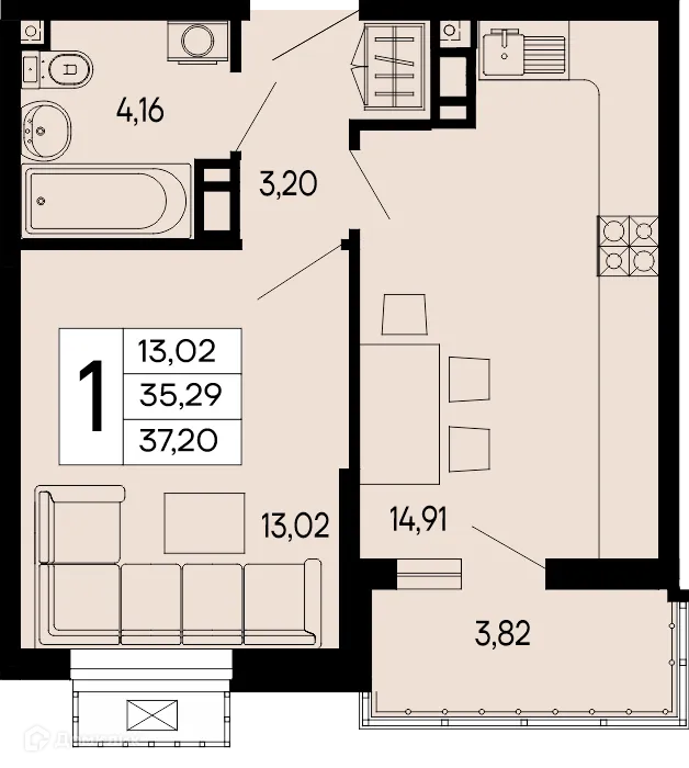 Планировка 1-комнатной квартиры 37.2 м² в "Эпос", г. Майкоп — фото 1