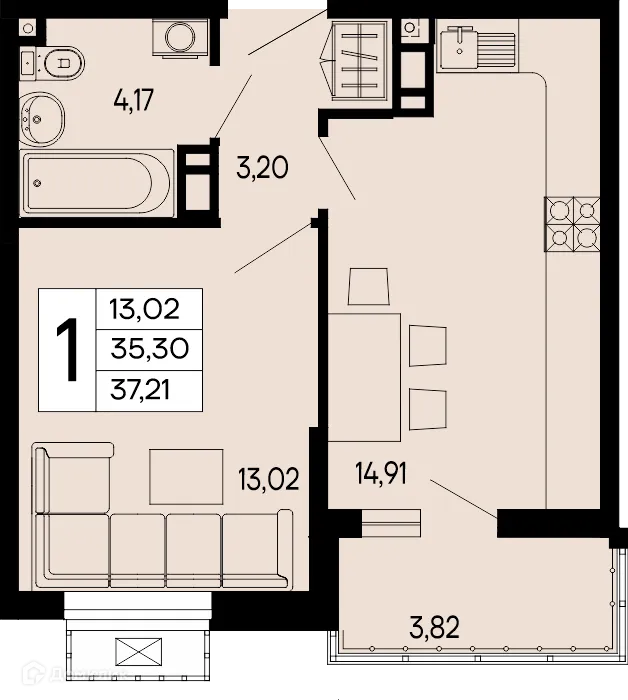 Планировка 1-комнатной квартиры 37.21 м² в "Эпос", г. Майкоп — фото 1