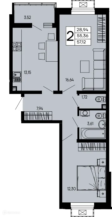 Планировка 2-комнатной квартиры 57.12 м² в "Эпос", г. Майкоп — фото 1