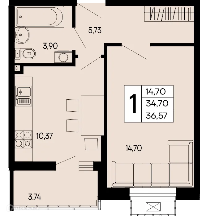 Планировка 1-комнатной квартиры 36.57 м² в "Эпос", г. Майкоп — фото 1