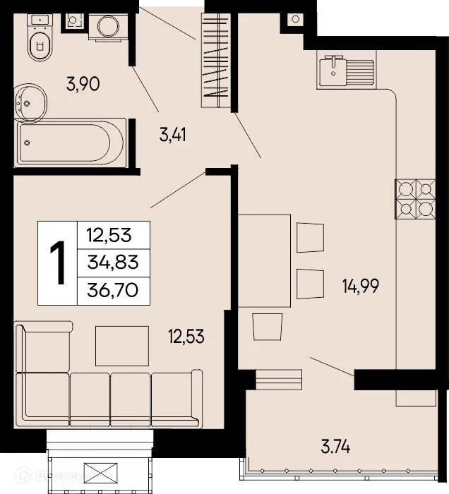 Планировка 1-комнатной квартиры 36.7 м² в "Эпос", г. Майкоп — фото 1