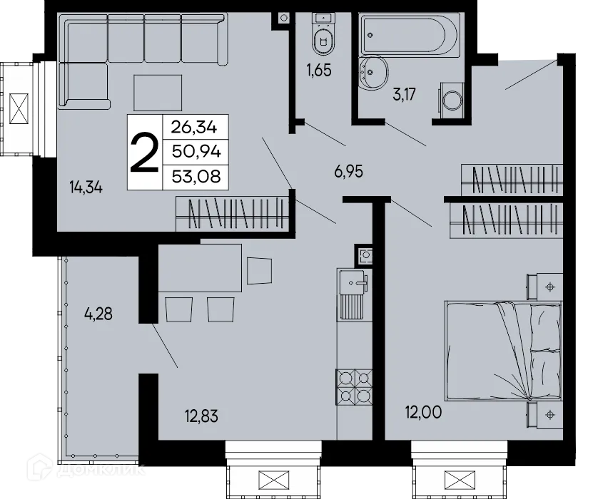 Планировка 2-комнатной квартиры 53.08 м² в "Эпос", г. Майкоп — фото 1