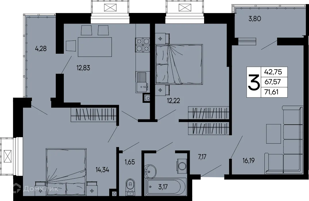 Планировка 3-комнатной квартиры 71.61 м² в "Эпос", г. Майкоп — фото 1