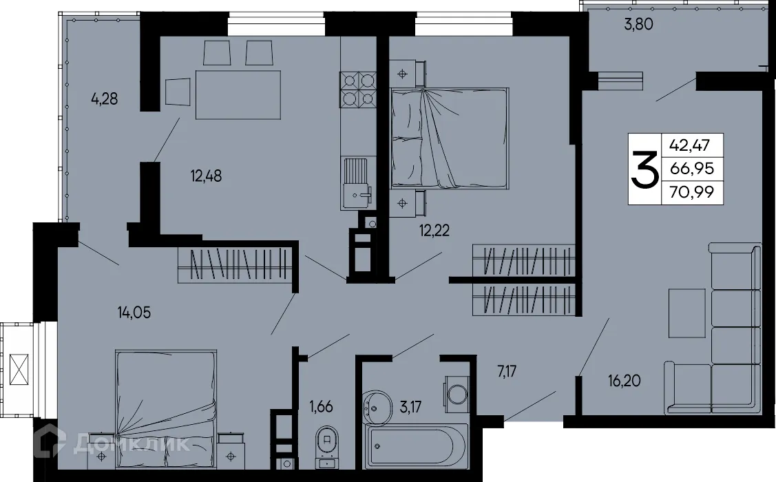 Планировка 3-комнатной квартиры 70.99 м² в "Эпос", г. Майкоп — фото 1