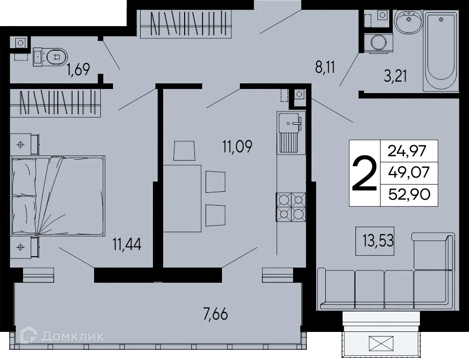 Планировка 2-комнатной квартиры 52.9 м² в "Эпос", г. Майкоп — фото 1
