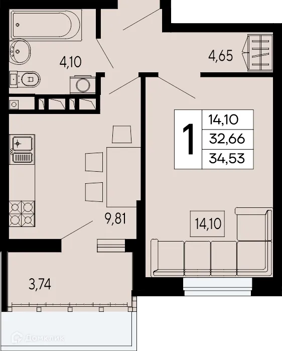 Планировка 1-комнатной квартиры 34.16 м² в "Эпос", г. Майкоп — фото 1
