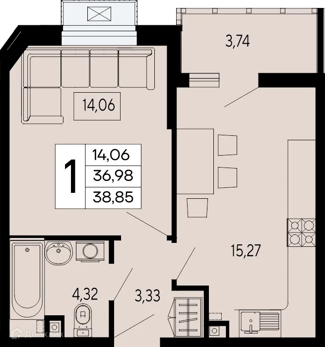 Планировка 1-комнатной квартиры 38.85 м² в "Эпос", г. Майкоп — фото 1