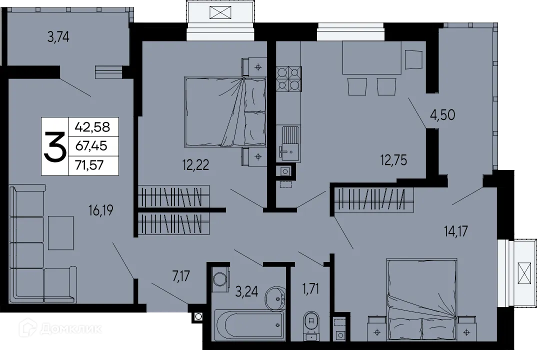 Планировка 3-комнатной квартиры 71.57 м² в "Эпос", г. Майкоп — фото 1