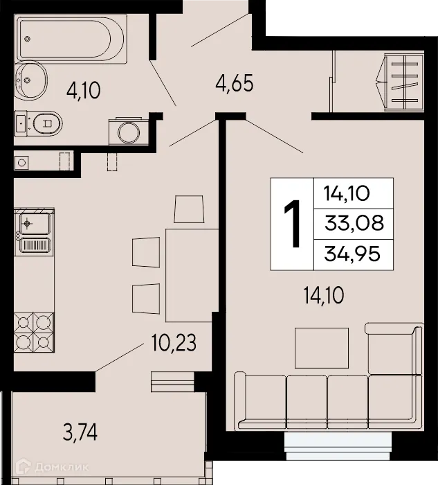 Планировка 1-комнатной квартиры 34.95 м² в "Эпос", г. Майкоп — фото 1