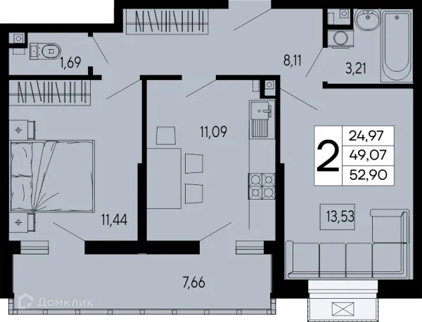 Планировка 2 комн. в "Эпос"