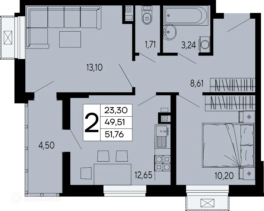 Планировка 2-комнатной квартиры 51.76 м² в "Эпос", г. Майкоп — фото 1