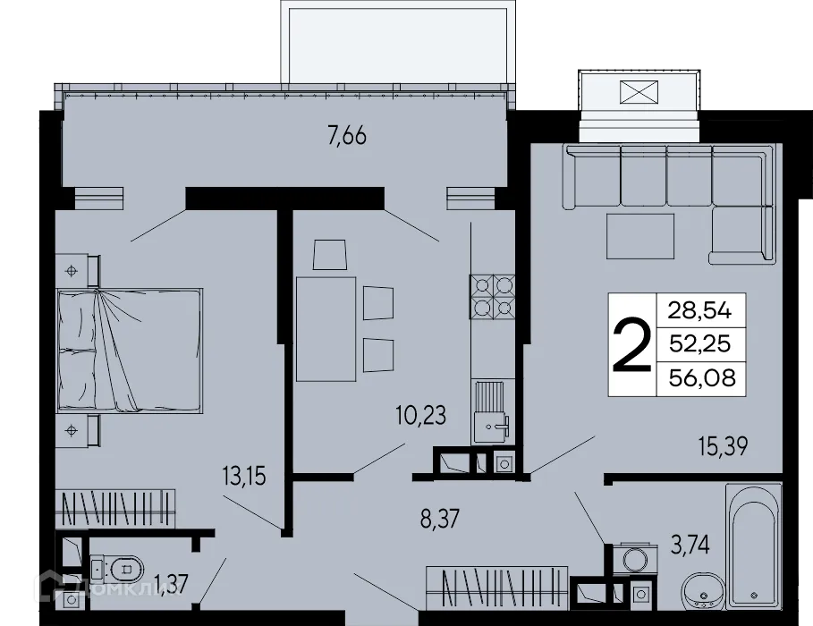 Планировка 2-комнатной квартиры 56.08 м² в "Эпос", г. Майкоп — фото 1