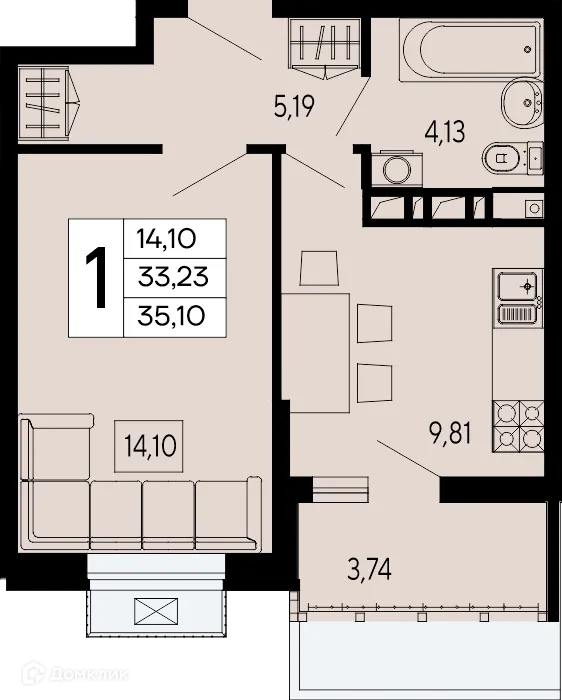 Планировка 1-комнатной квартиры 35.1 м² в "Эпос", г. Майкоп — фото 1