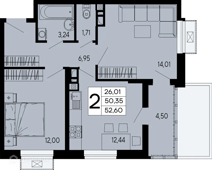 Планировка 2-комнатной квартиры 52.6 м² в "Эпос", г. Майкоп — фото 1